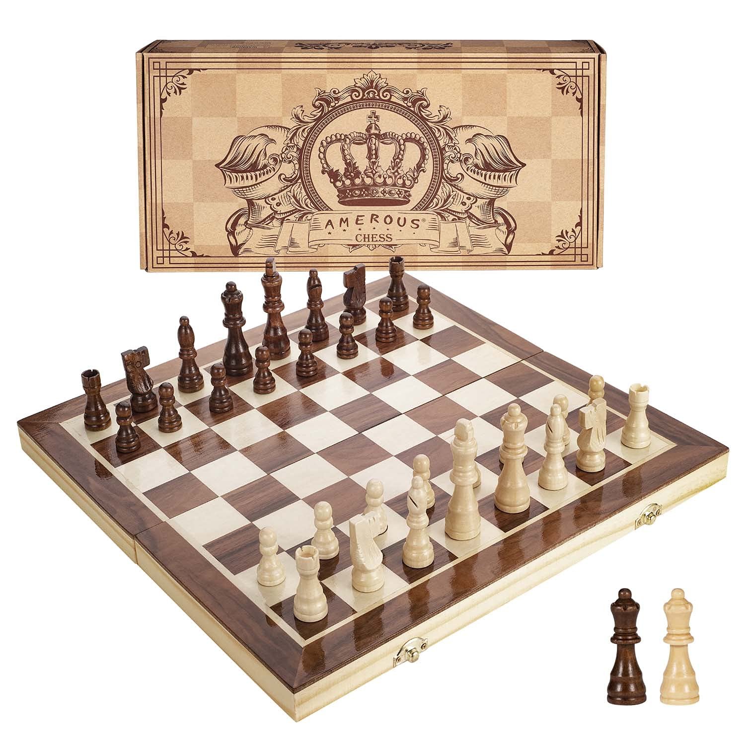AMEROUS 15-inch magnetic wooden chess set with folding board for travel and storage.