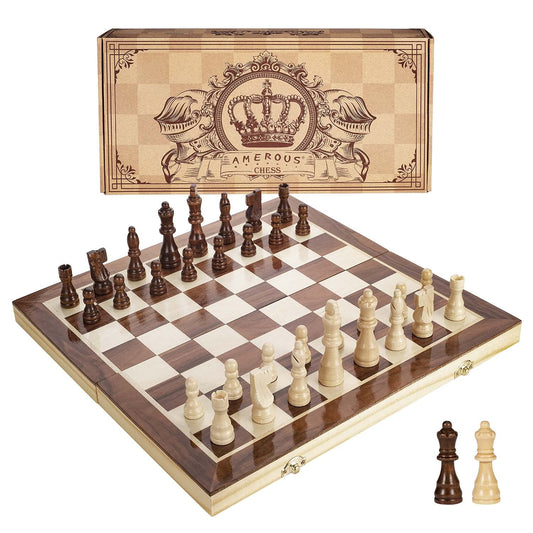 AMEROUS 15-inch magnetic wooden chess set with folding board for travel and storage.