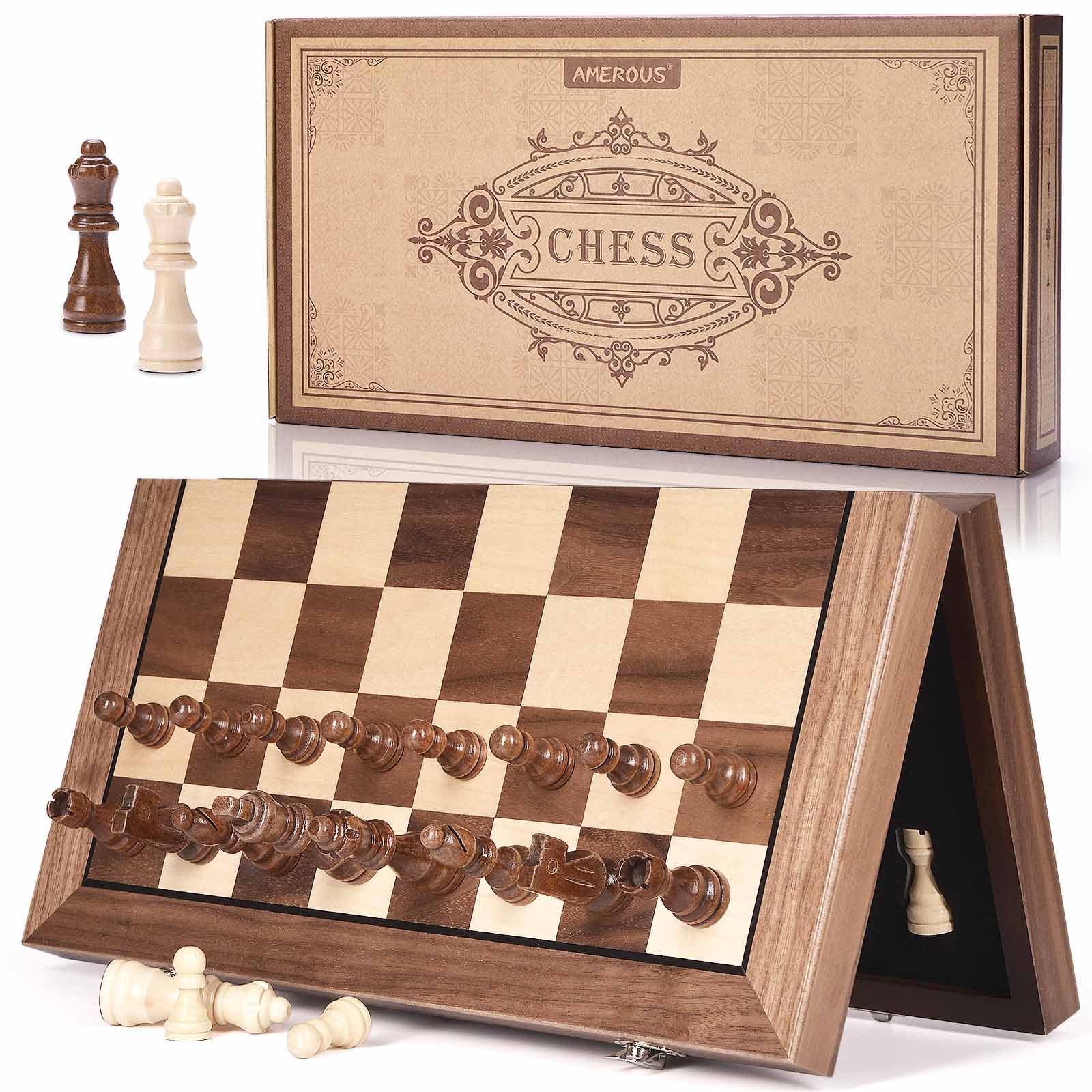 AMEROUS 15-inch magnetic wooden chess board for stable on-the-go play.