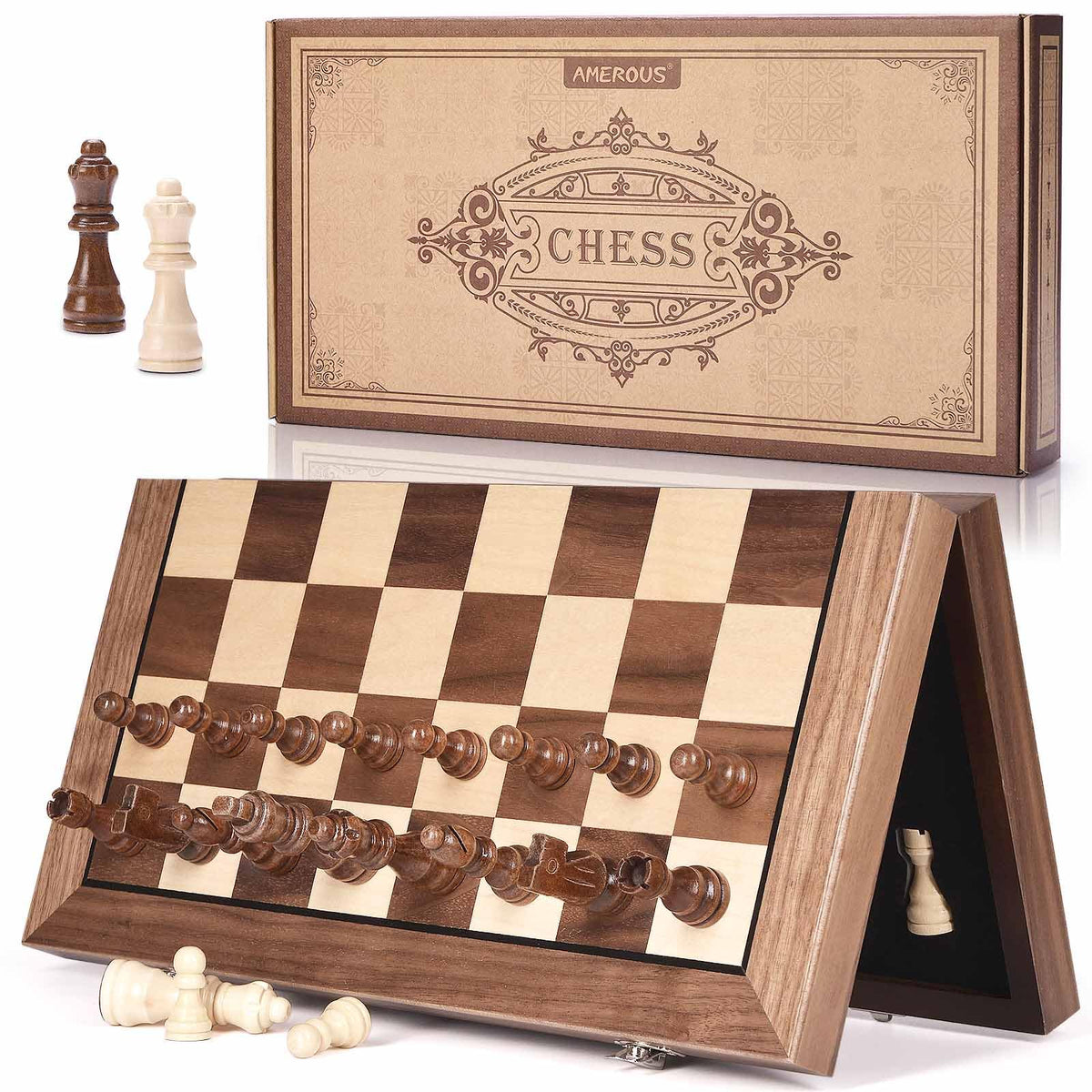 AMEROUS 15-inch magnetic wooden chess board for stable on-the-go play.