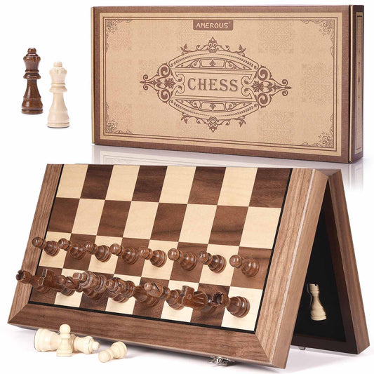 AMEROUS 15-inch magnetic wooden chess board for stable on-the-go play.