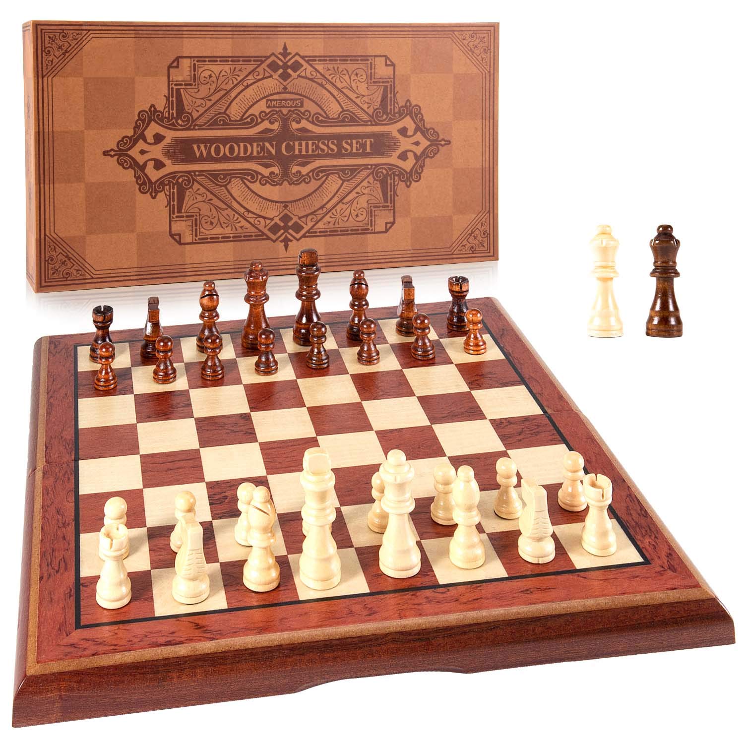 AMEROUS 15-inch magnetic wooden chess set with folding board for travel flexibility.