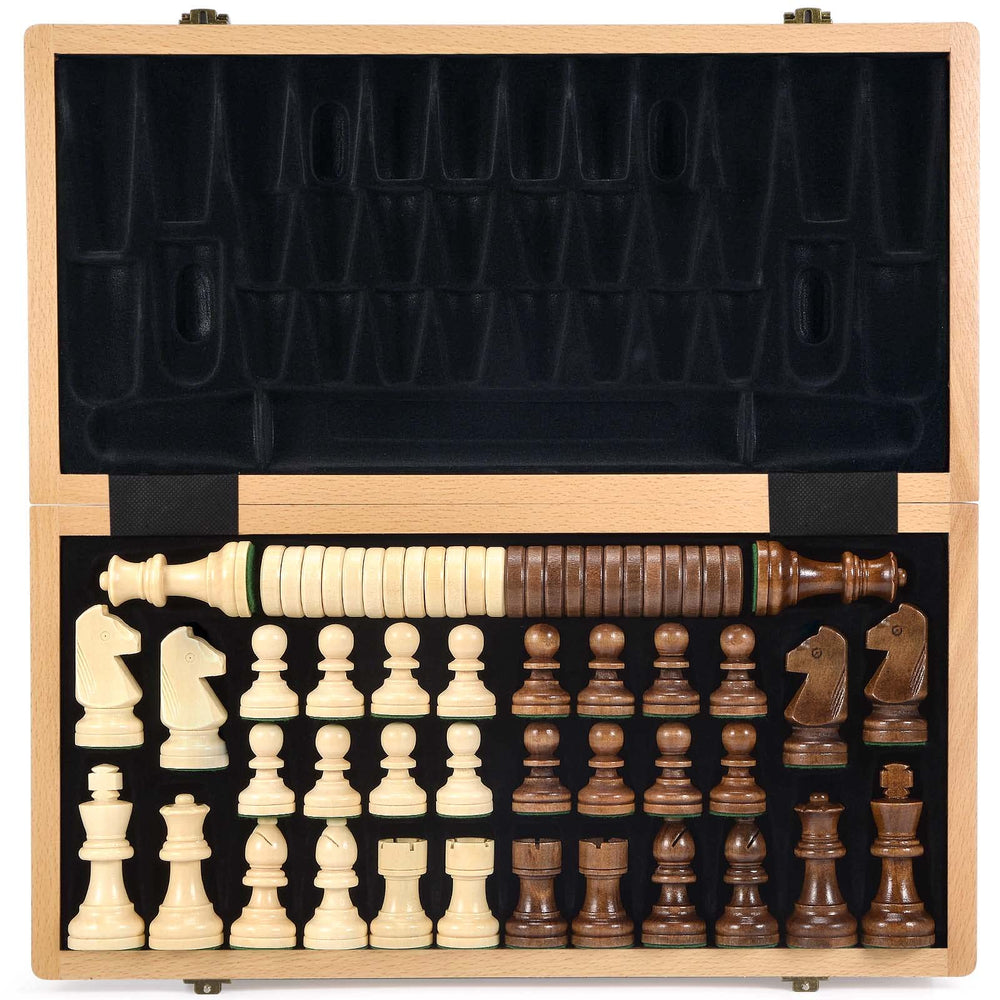 AMEROUS 15-inch wooden chess board opened for play with a smooth surface