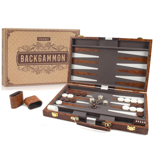 AMEROUS backgammon set board in leather case for elegant travel play