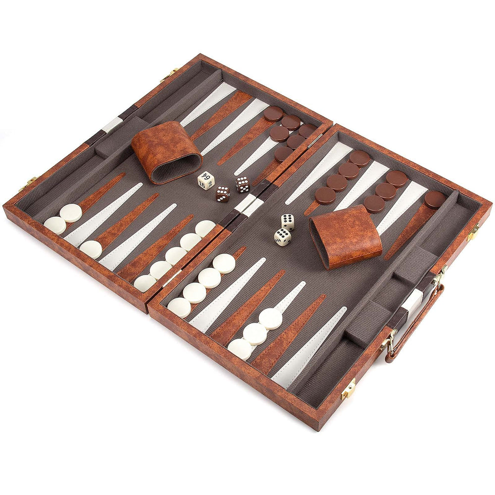 Dice, chips, and accessories arranged for AMEROUS backgammon set