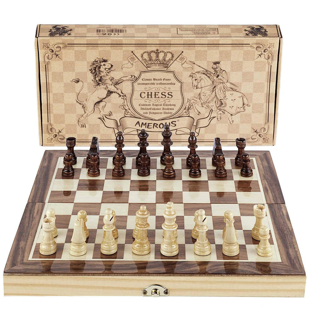 AMEROUS 12x12 folding chess board in wood finish for travel