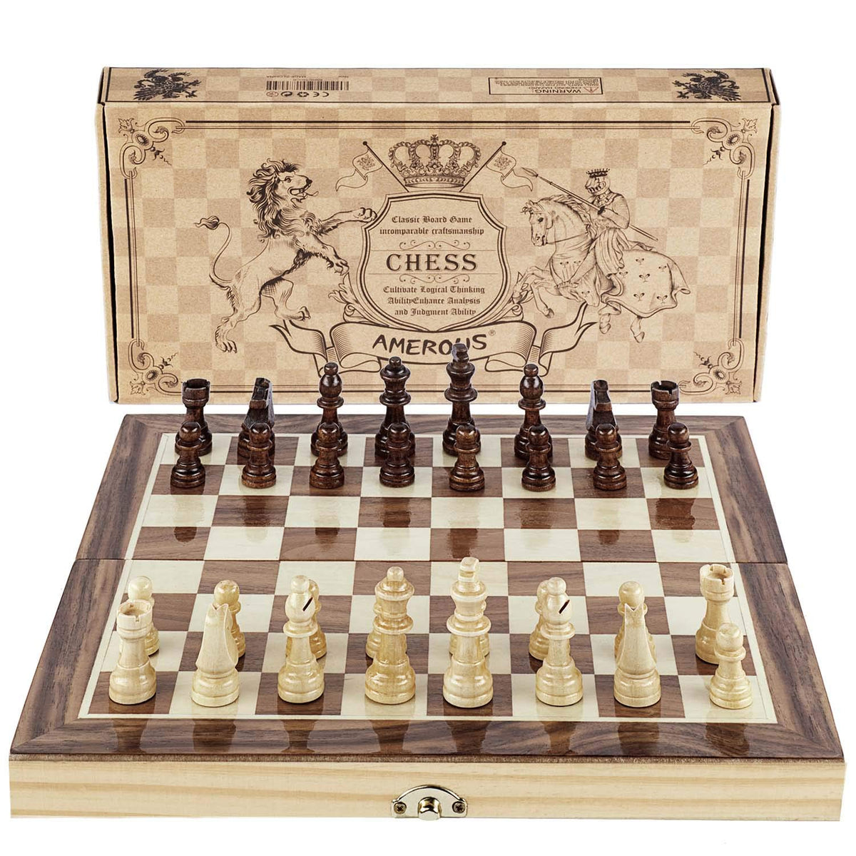 AMEROUS 12x12 folding chess board in wood finish for travel
