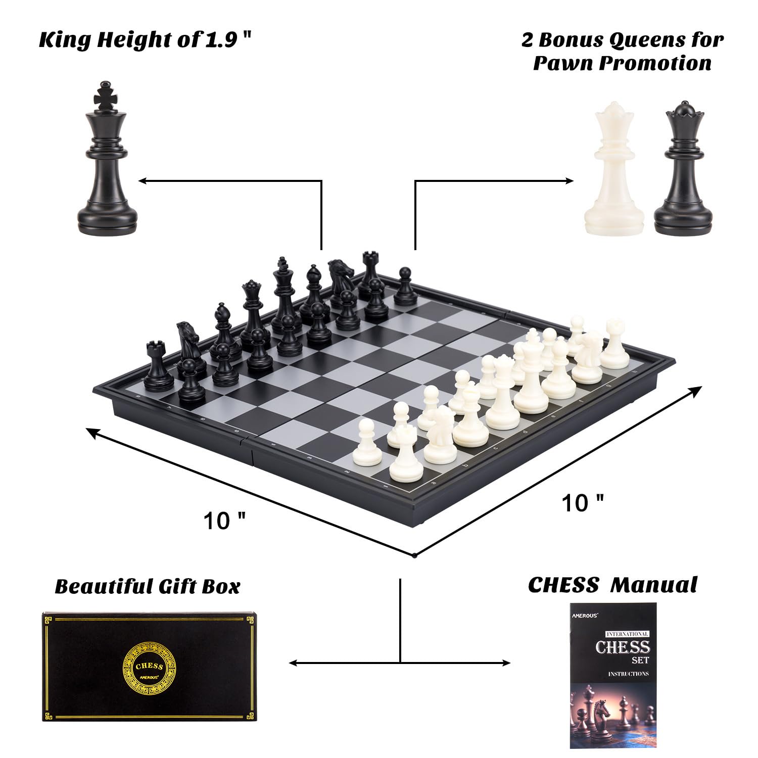 AMEROUS chess pieces close-up showing sturdy plastic construction and smooth feel.