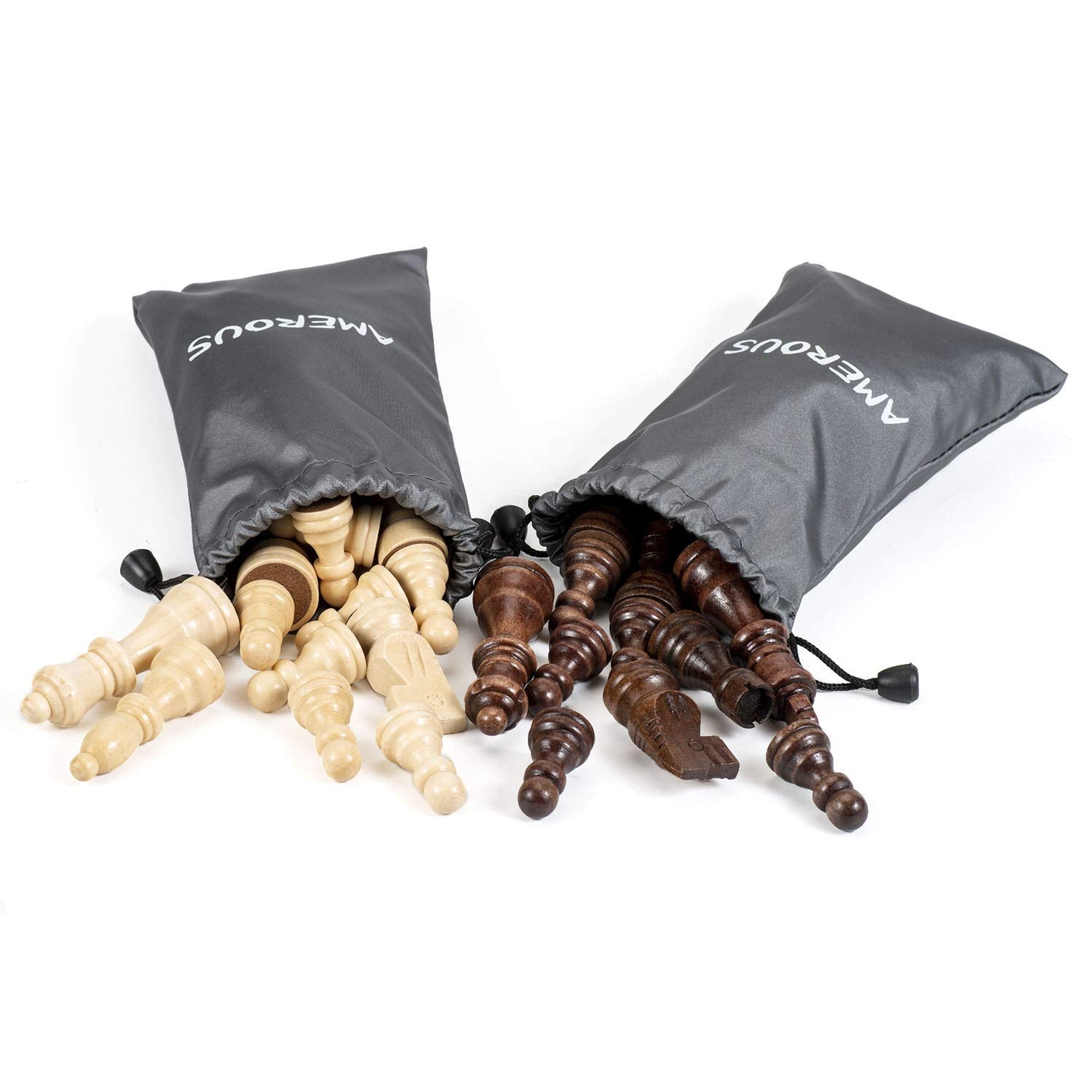 Amerous chess set includes two storage bags for organized, easy transport.