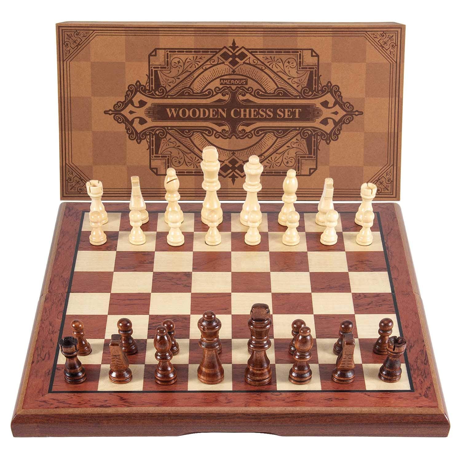 AMEROUS folding board reveals built-in storage slots for pieces.
