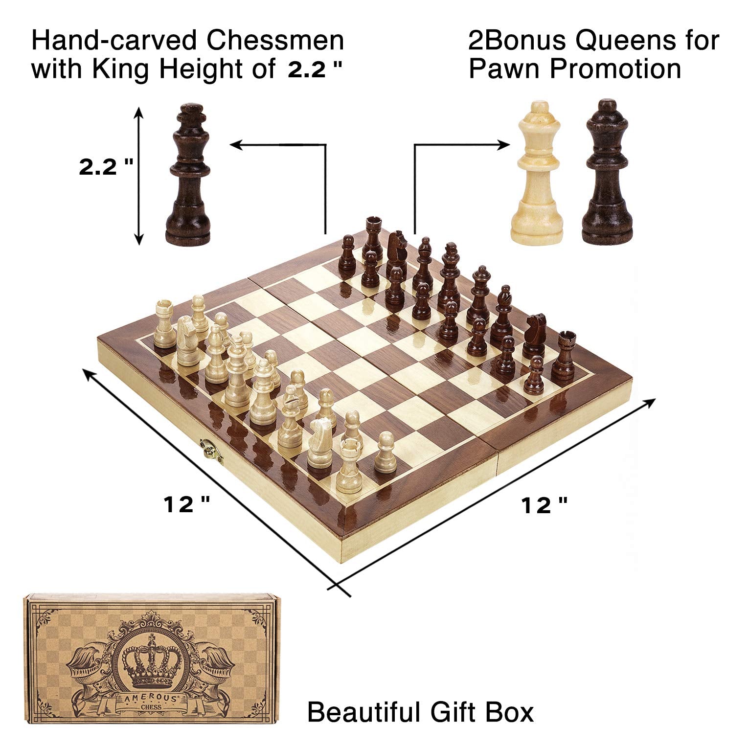 AMEROUS handcrafted wooden chess board with artisanal pieces.
