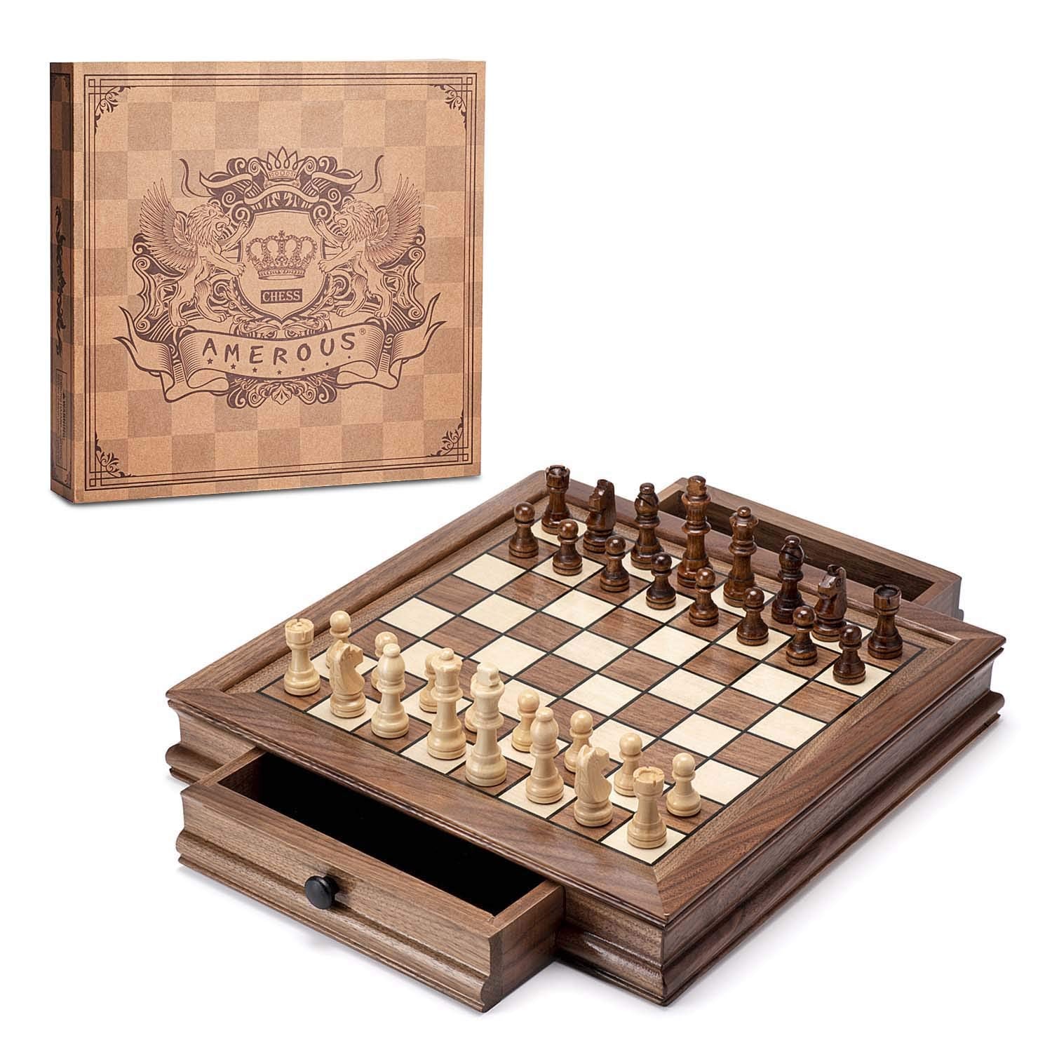 AMEROUS magnetic wooden chess board 12.8-inch for stable, portable play.