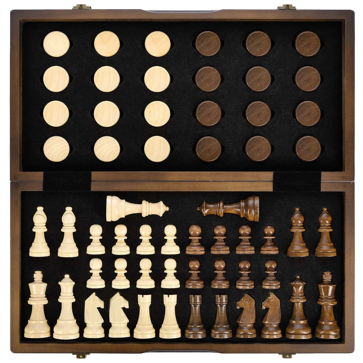 AMEROUS magnetic wooden chess board open for play on a flat surface