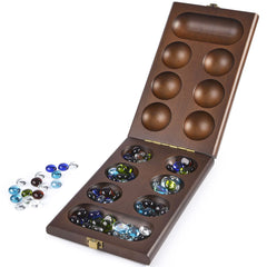 AMEROUS players enjoy a tabletop Mancala setup for family fun