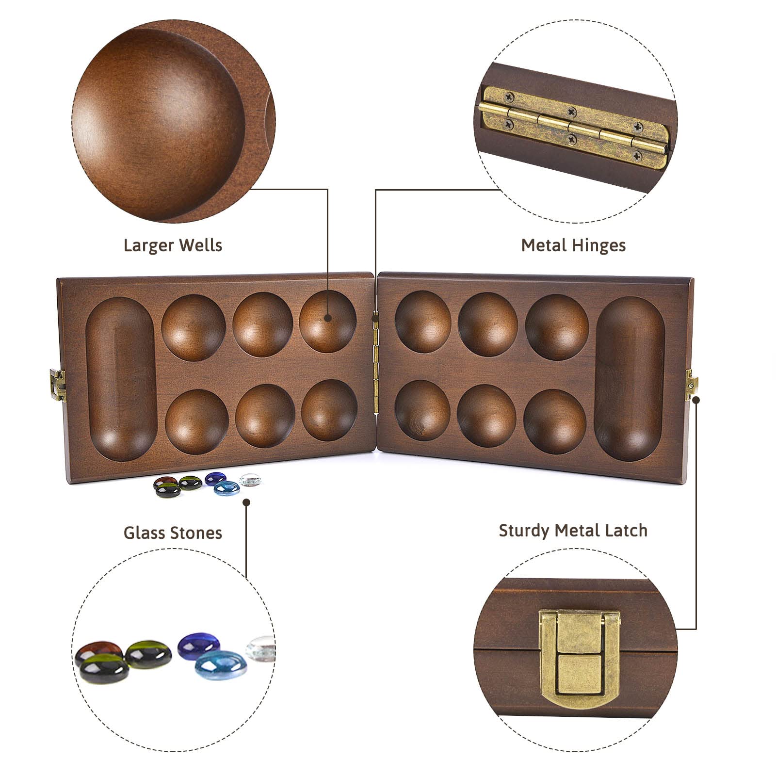 AMEROUS Mancala stones hold up to eight per pit, reducing spills