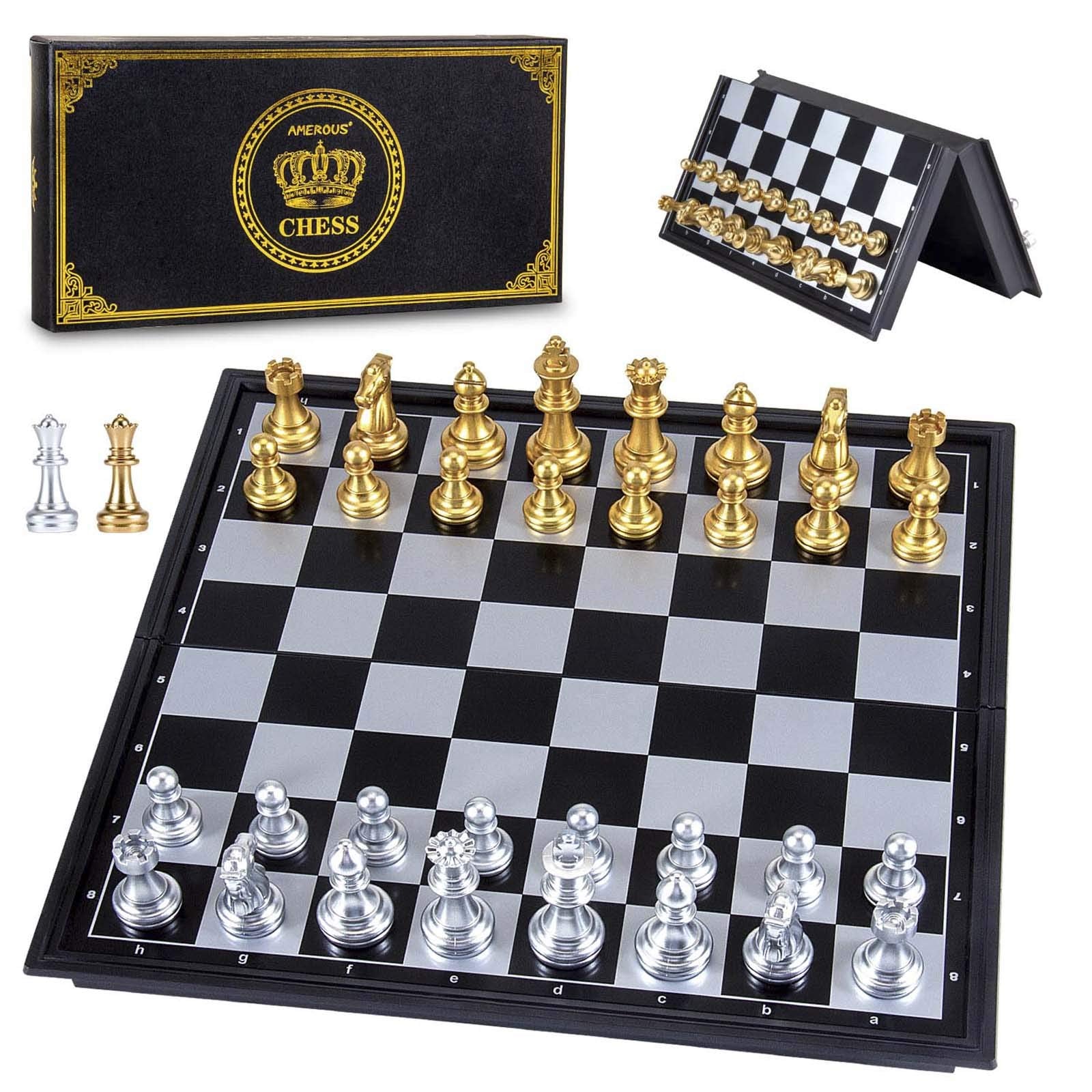 AMEROUS travel magnetic chess board shown in setup for on-the-go play and stability.