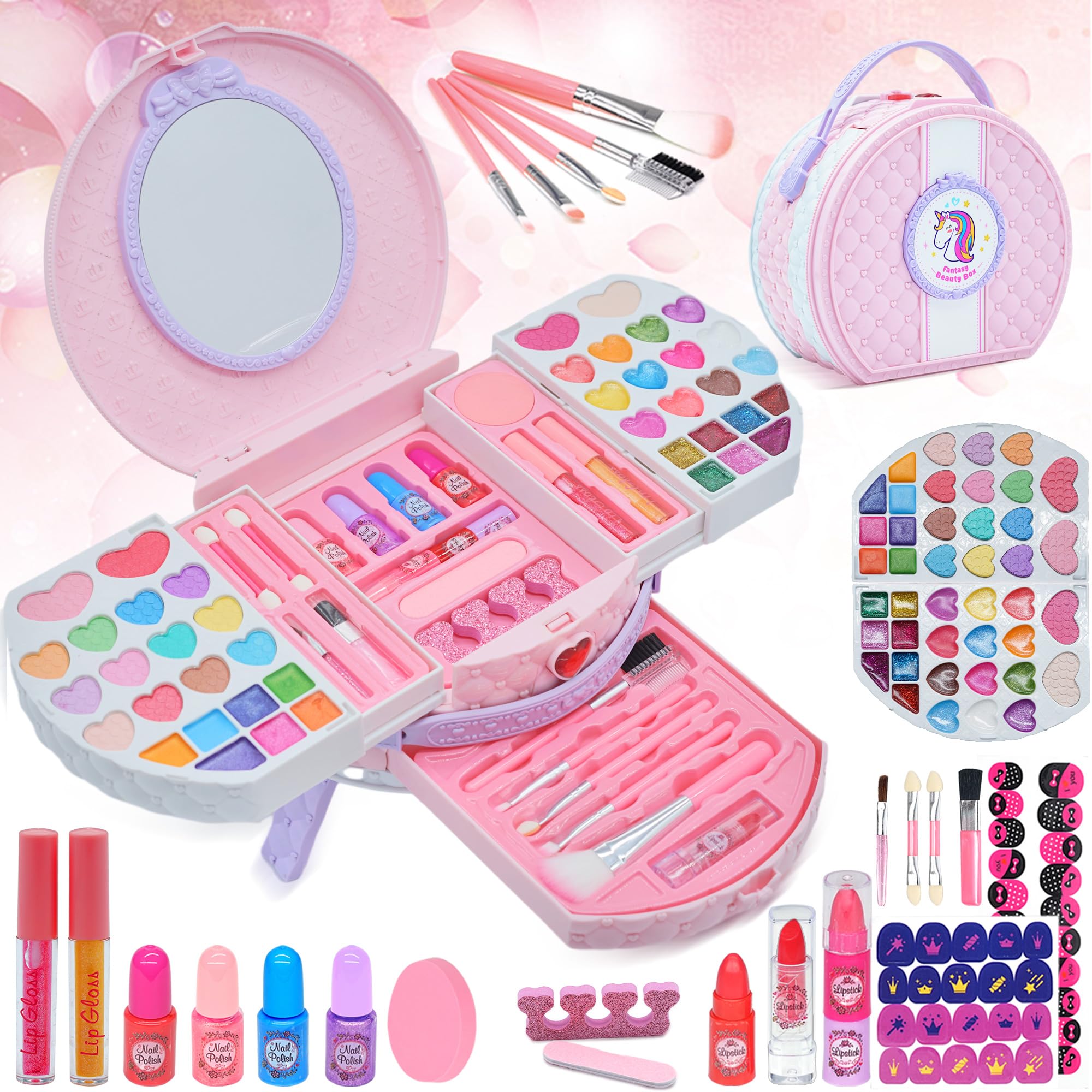 Amerrly 66-piece kids makeup vanity case open for imaginative play.