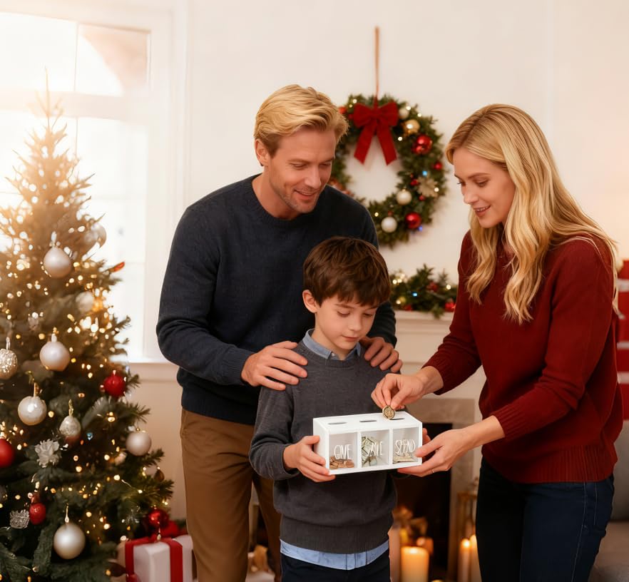 Ameuphercy savings box on countertop fits living room decor and encourages daily use.