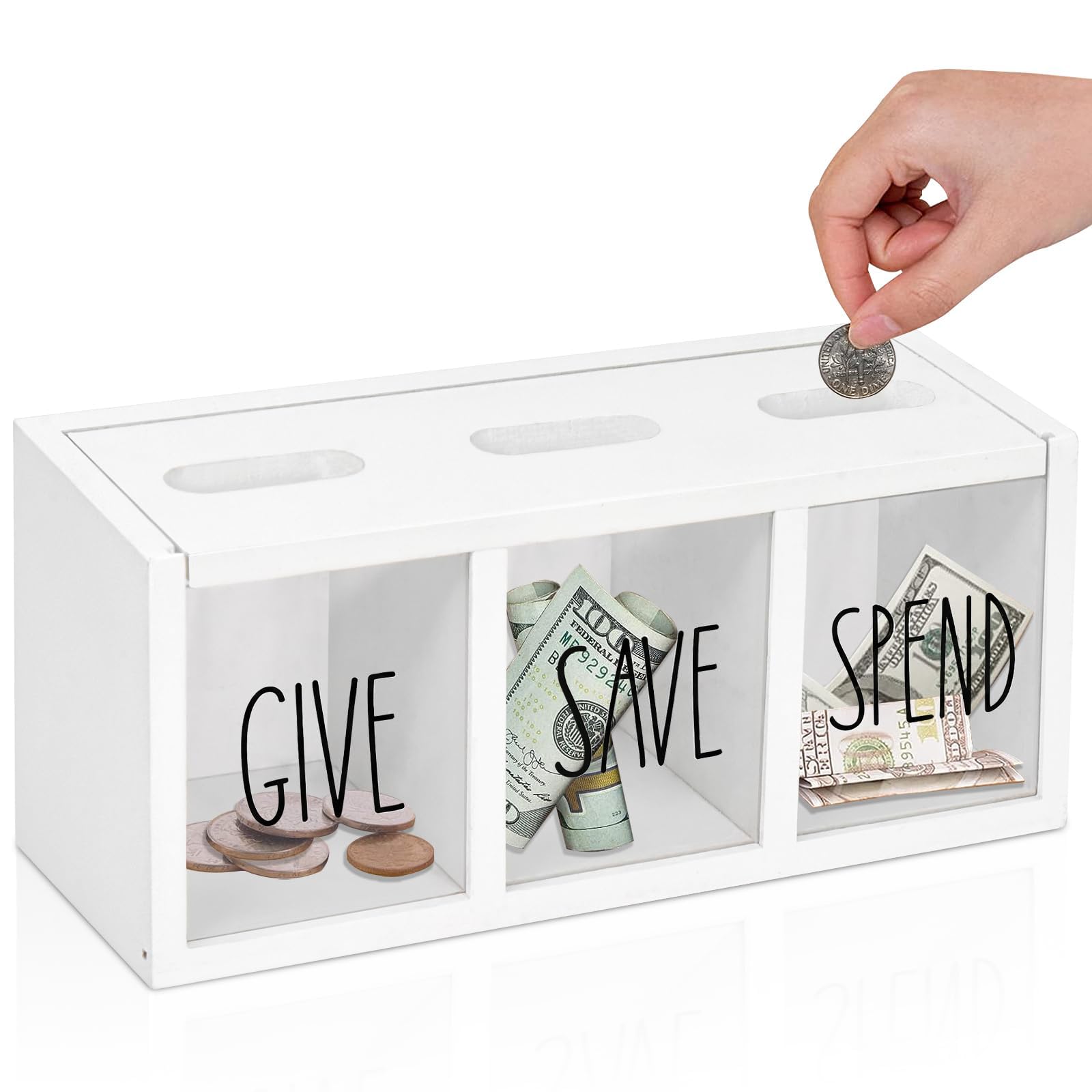 Ameuphercy wooden piggy bank with a visual front reveals coins inside for quick saving monitoring.