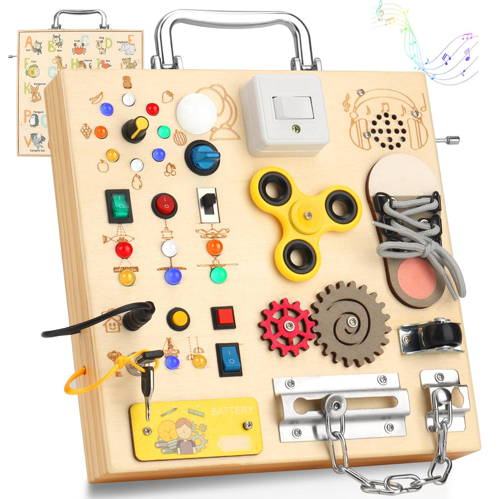 AMGAMGTS wooden busy board with LED light supports fine motor skills during play.