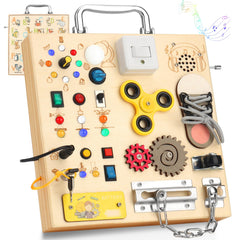 AMGAMGTS wooden busy board with LED light supports fine motor skills during play.