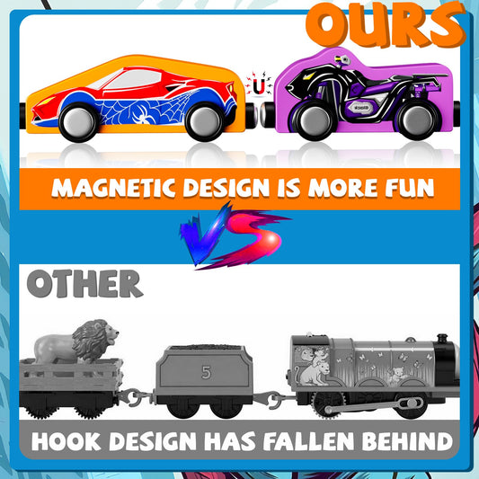 Amiabling magnetic train cars in bright colors for cooperative storytelling.