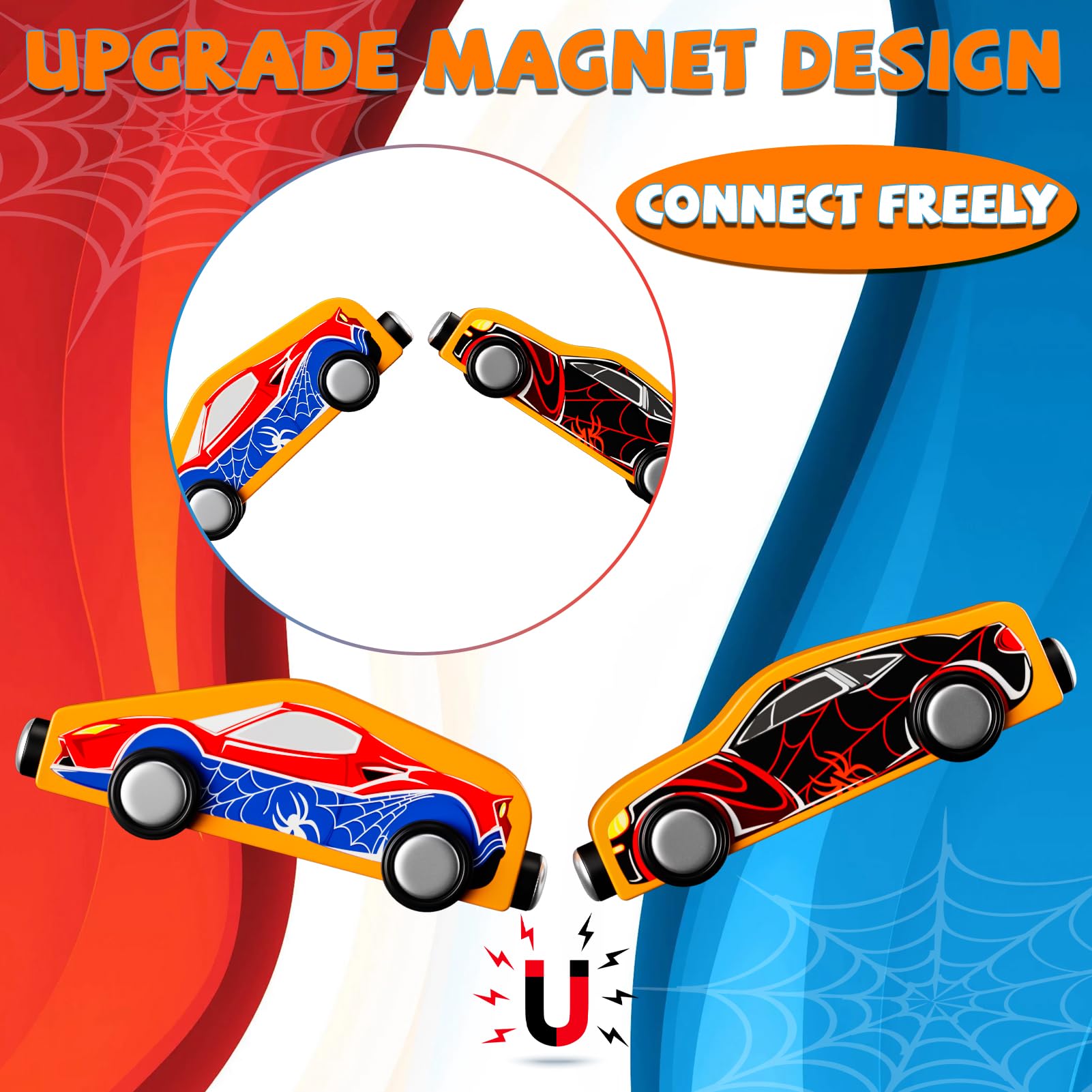 Amiabling magnetic train designs with bold superhero patterns for creative adventures.