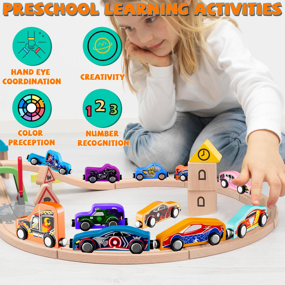 Amiabling safe wooden train pieces with non-toxic finishes for gentle play.