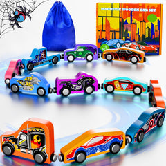 Amiabling superhero-themed train pieces spark imaginative journeys during play.