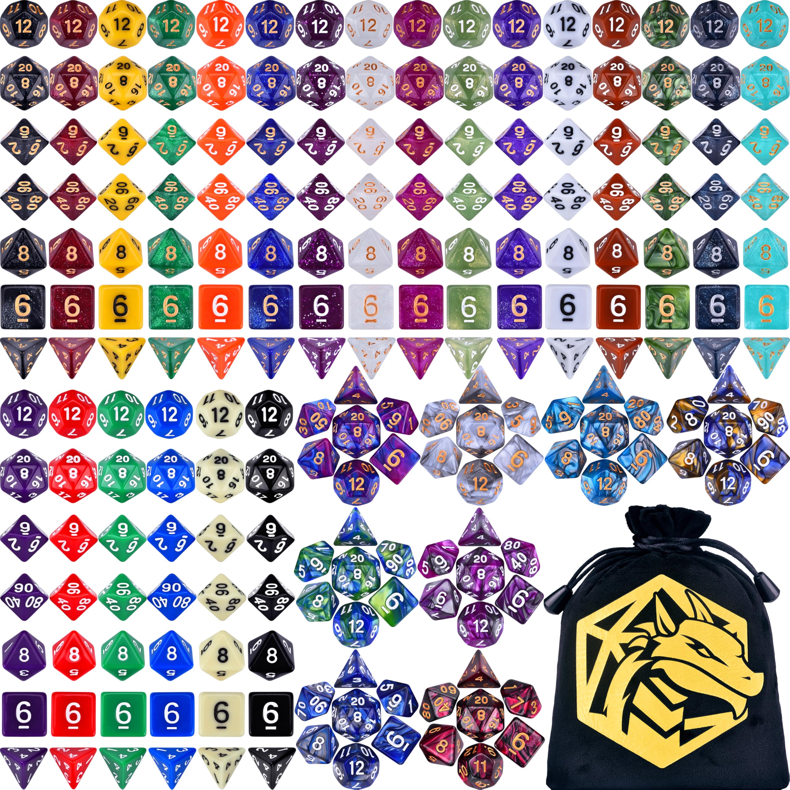 Amiven DND dice set arranged showing 30 pieces for a complete RPG collection.