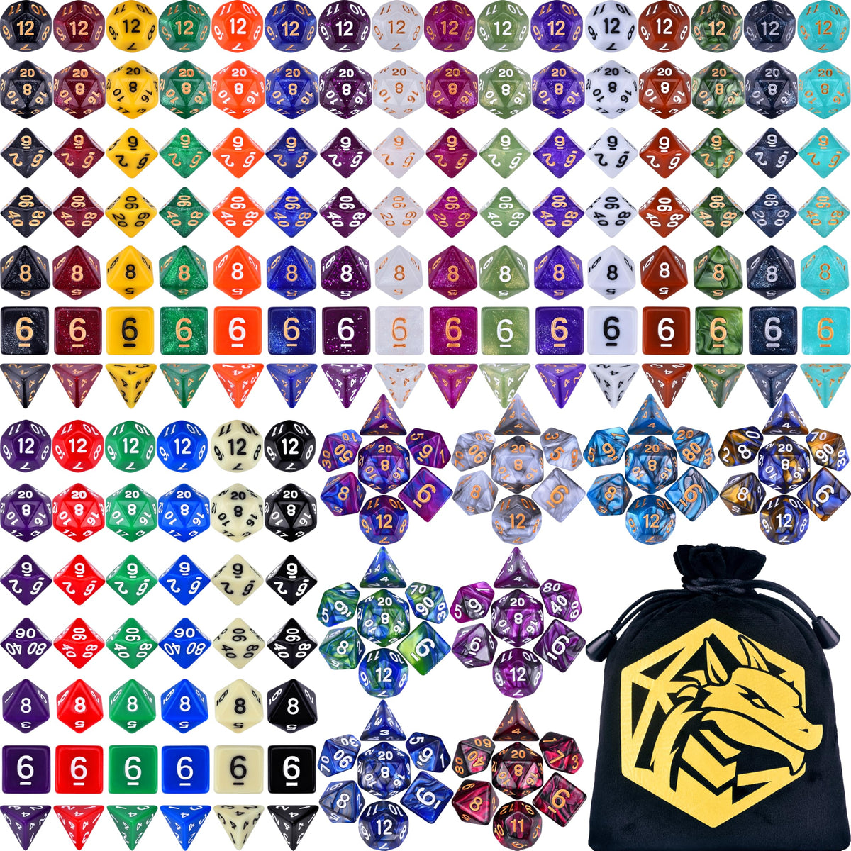 Amiven DND dice set arranged showing 30 pieces for a complete RPG collection.
