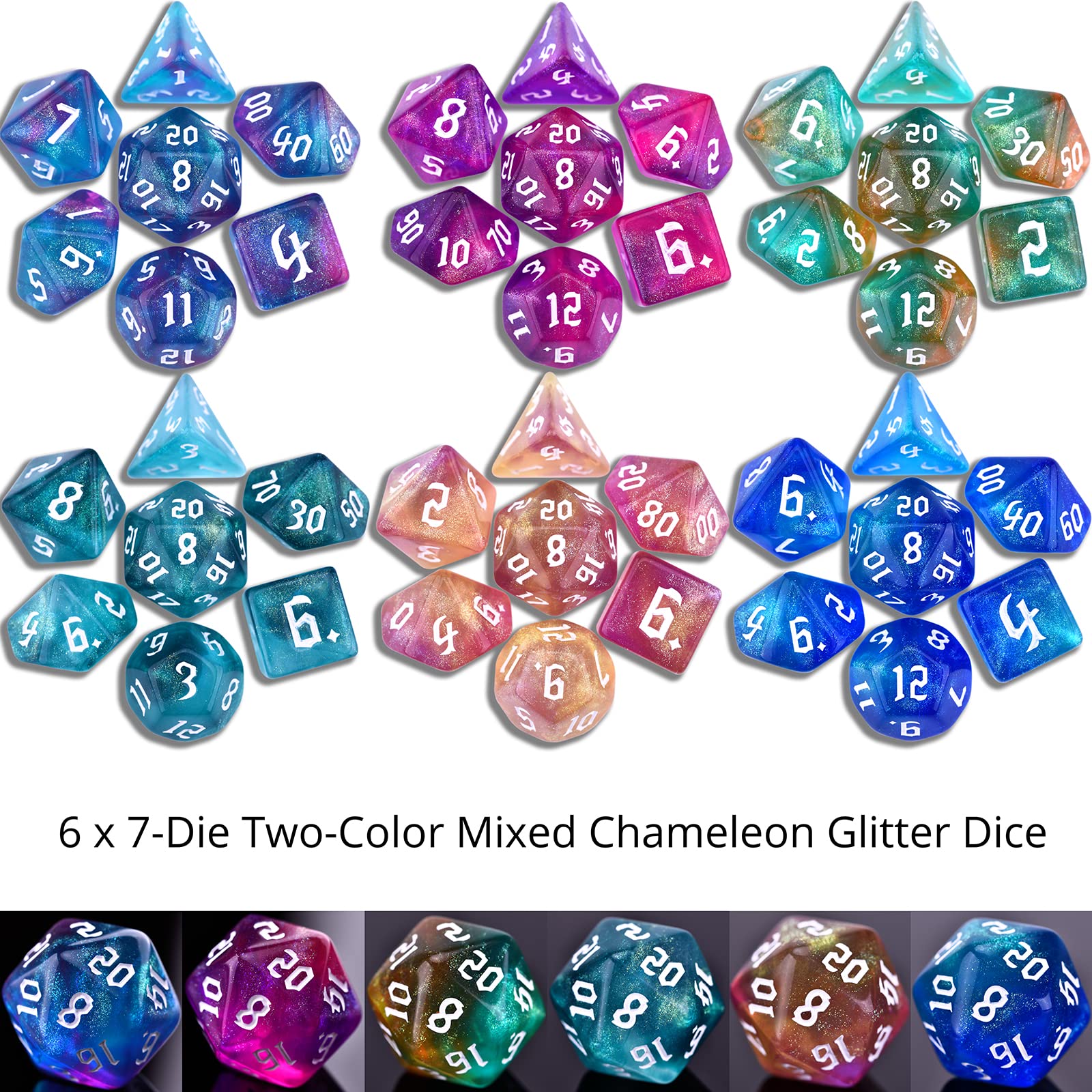 Amiven glitter dice reflecting iridescent sparkle, ideal for memorable roll results.