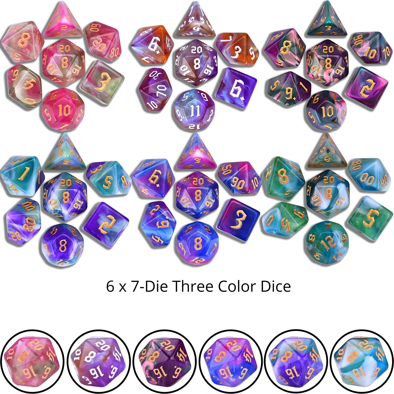 Amiven tri color dice with golden numbers and swirls for elegant game moments.