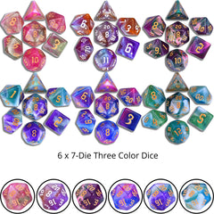 Amiven tri color dice with golden numbers and swirls for elegant game moments.