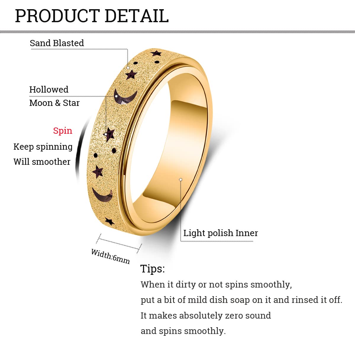 AmorArtSky spinner ring in black, moon-star hollow outer, subtle design for versatile styling and discreet fidgeting.