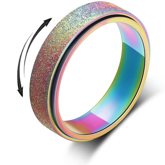AmorArtSky spinner ring rainbow sandblasted close-up shows durable, stylish stress-relief design.