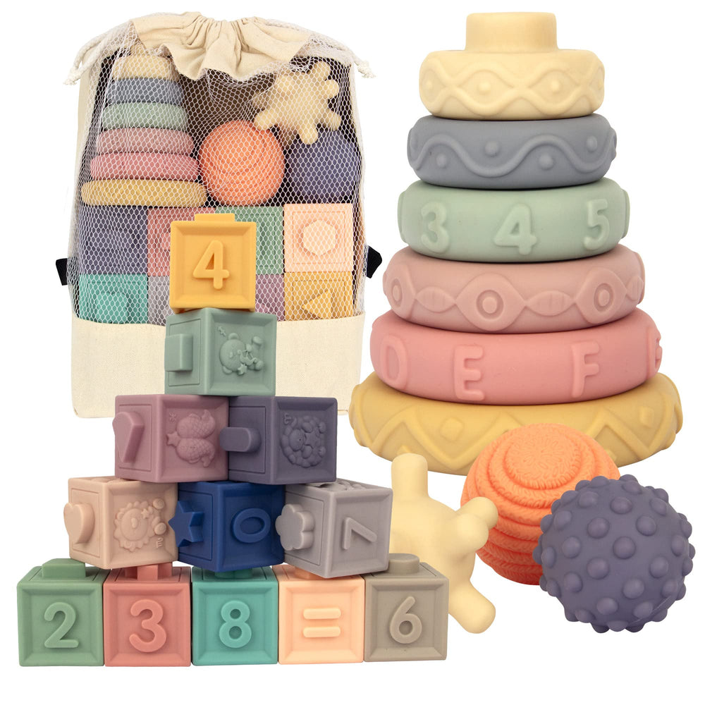 AmorBeBe 21-piece Montessori blocks for babies, supporting color learning and fine motor skills.