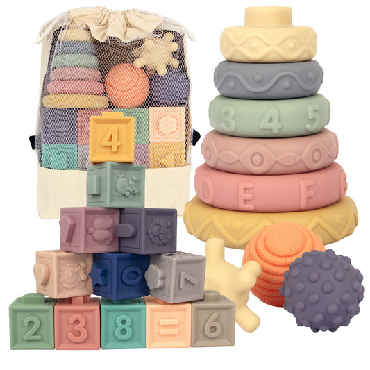 AmorBeBe 21-piece Montessori blocks for babies, supporting color learning and fine motor skills.