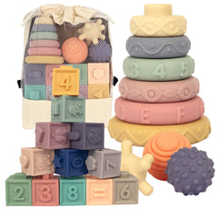AmorBeBe 21-piece Montessori blocks for babies, supporting color learning and fine motor skills.