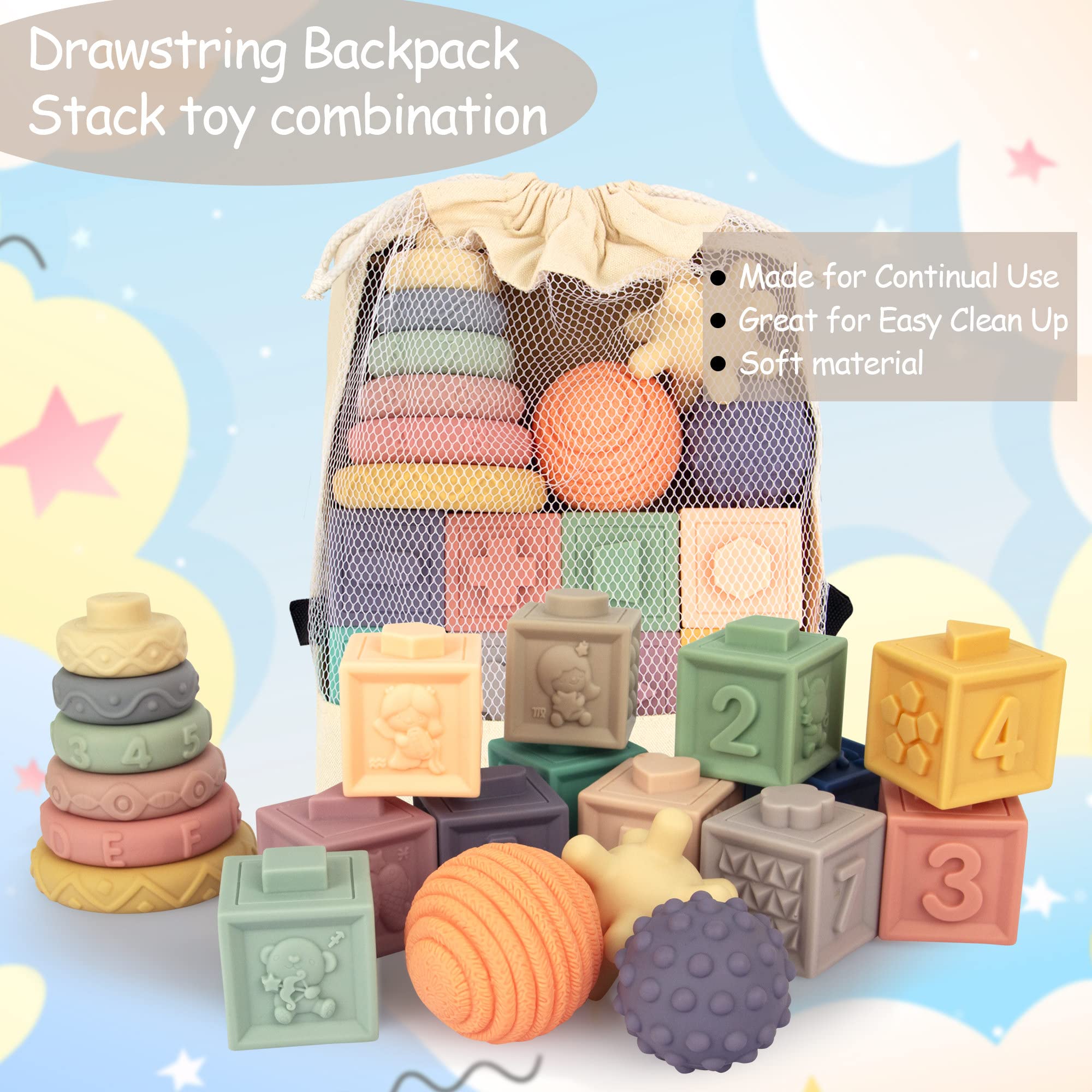 AmorBeBe teething-friendly stacking rings for gentle gum relief and play.
