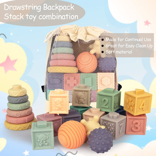 AmorBeBe teething-friendly stacking rings for gentle gum relief and play.