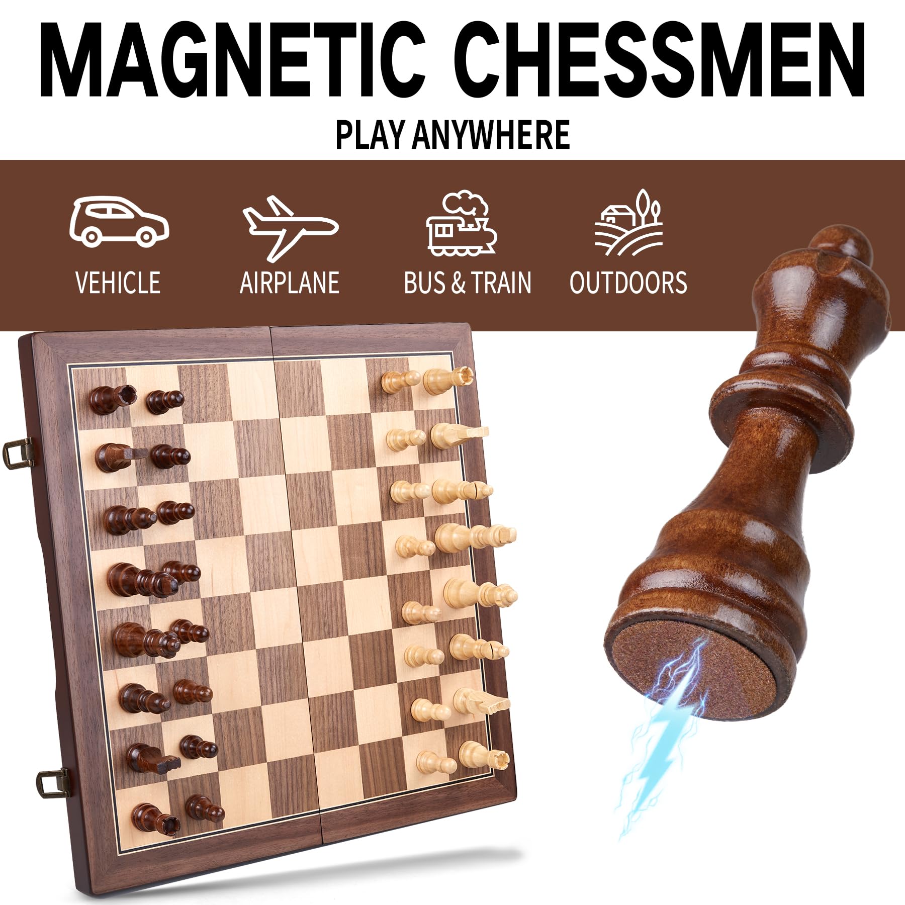 AMEROUS board with individual slots keeps pieces organized during transport.