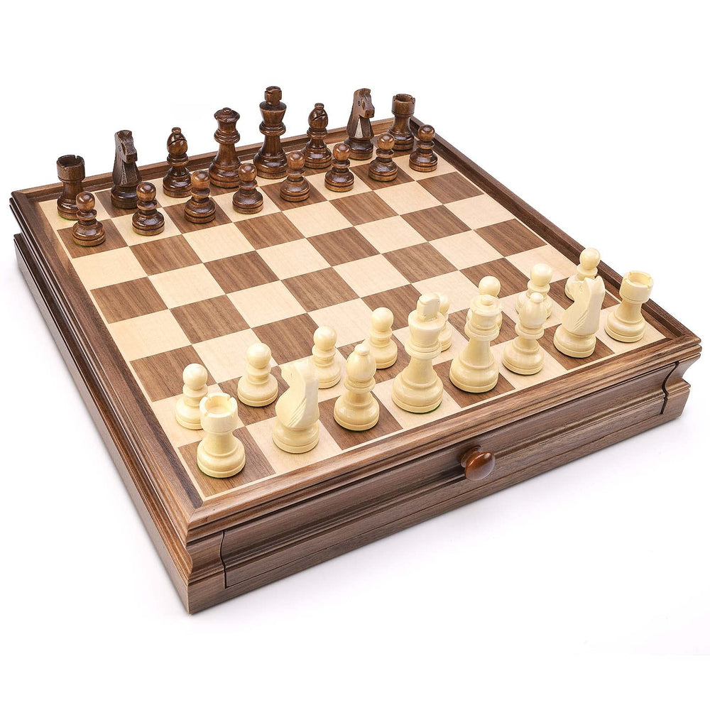 AMEROUS chess pieces stored in the built-in drawer for organized play