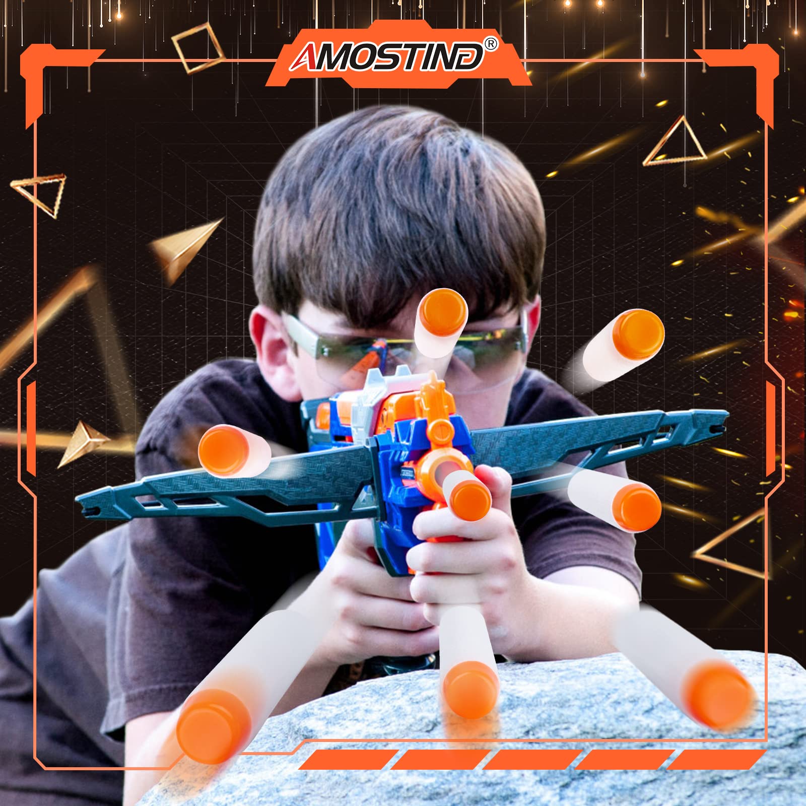 AMOSTING Nerf darts safety note for responsible play and eye safety.