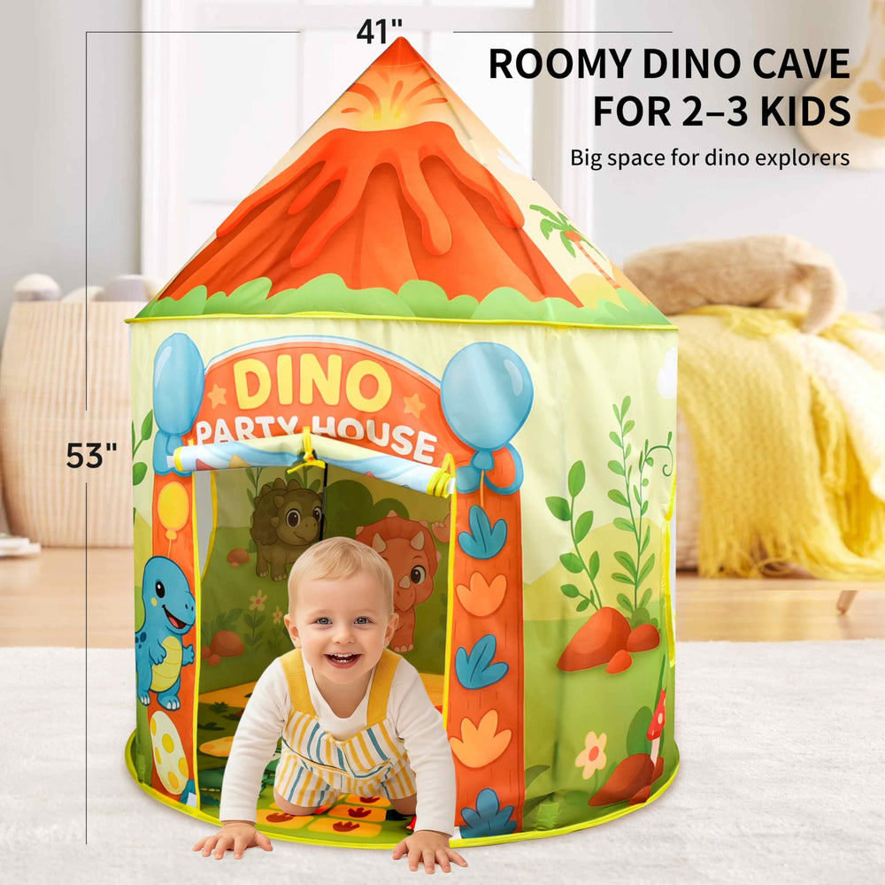 Amplov LED lights enhance bedtime stories inside the dinosaur tent for a cozy glow.