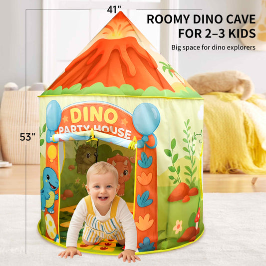 Amplov LED lights enhance bedtime stories inside the dinosaur tent for a cozy glow.