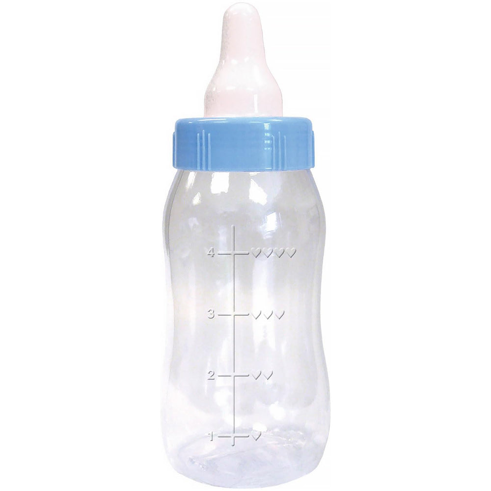 Amscan Blue Baby Bottle Bank with clear body and blue lid, ideal as a baby shower centerpiece.