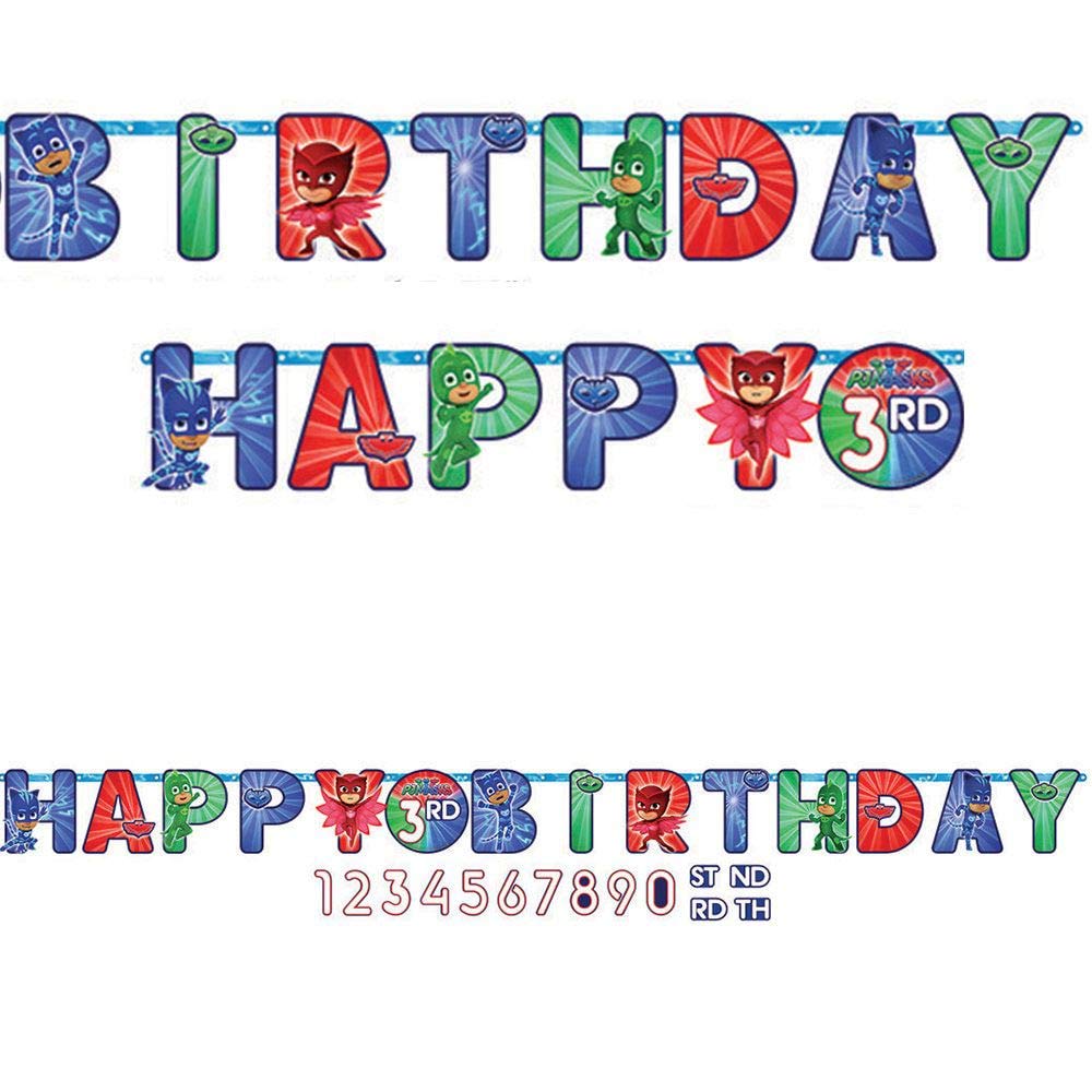 Amscan PJ Masks jumbo add-an-age banner with colorful letters for a personalized birthday backdrop.