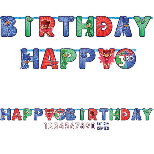 Amscan PJ Masks jumbo add-an-age banner with colorful letters for a personalized birthday backdrop.