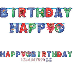 Amscan PJ Masks jumbo add-an-age banner with colorful letters for a personalized birthday backdrop.